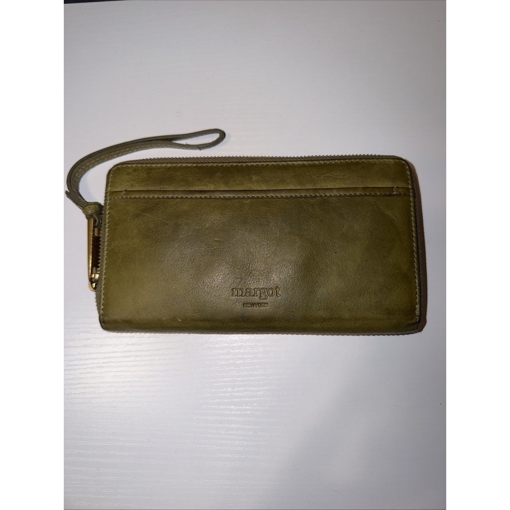 Margot New York Gabby Zip Around Dark Green Leather Wallet Wristlet